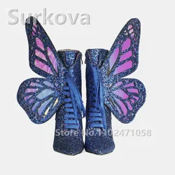 Butterfly Wings Ankle Boots for Women Glitter High Heels Pointed Toe Lace-Up Short Boots Ladies Stiletto Dress Shoes