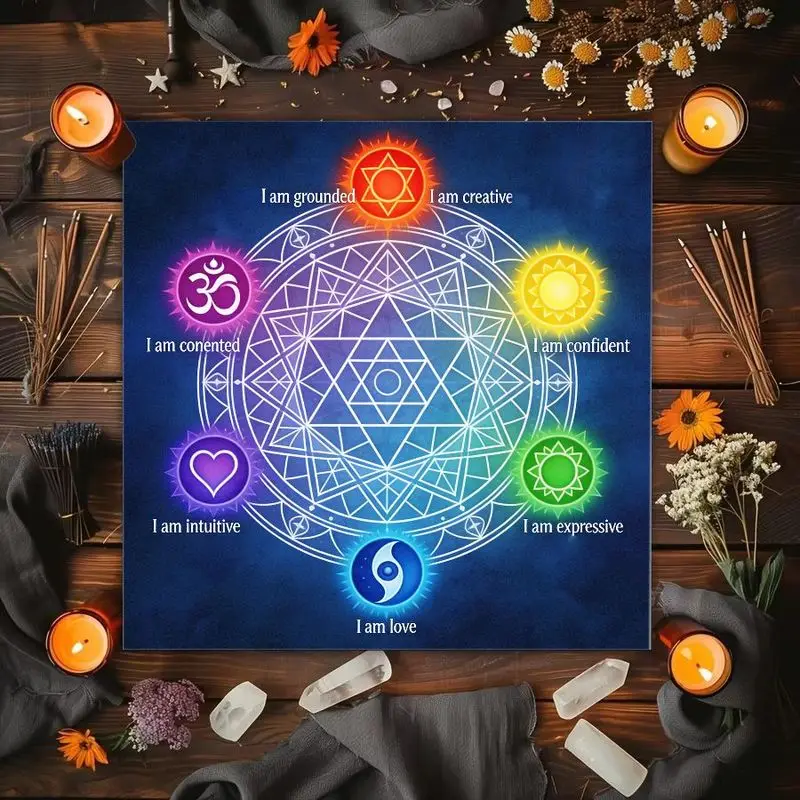 50/75cmSeven Chakras Mindfulness Altar Cloth Tarot Divination Tablecloth Sacred Geometry Witchcraft Ceremony Mat Spiritual Decor