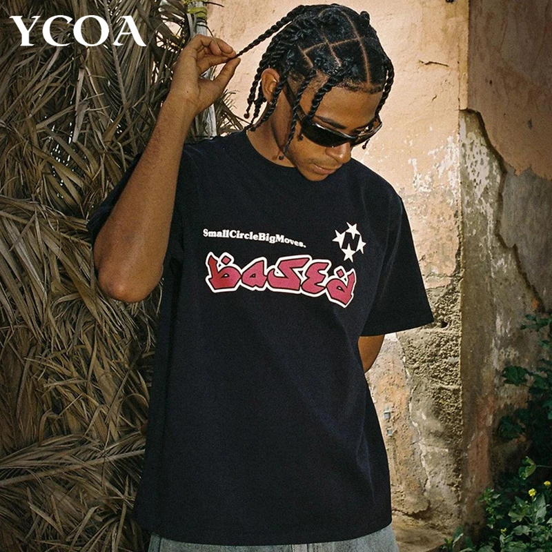Men\'s T-Shirt Oversized Cotton Letter Short Sleeve Tee Summer Harajuku Y2k Tops Streetwear Graphic Vintage Aesthetic Clothing