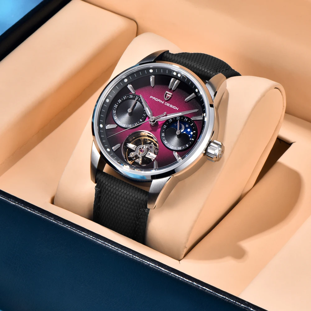 PAGANI تصميم جديد جوفاء ساعات رجالية القمر المرحلة الميكانيكية ساعة أوتوماتيكية الرجال AR الياقوت مضيئة مقاوم للماء ساعة جلدية #3
