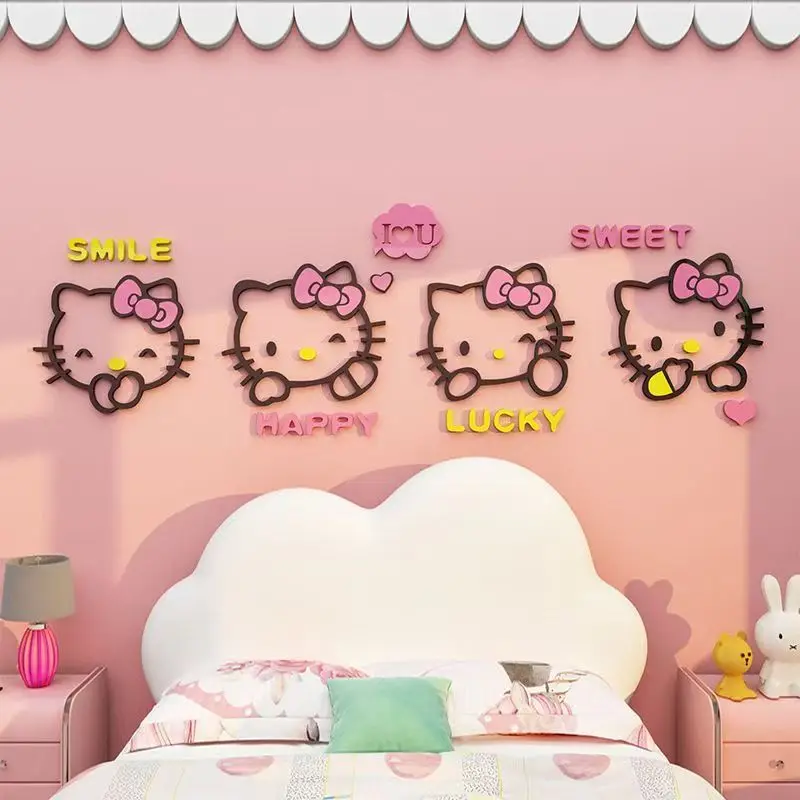 Anime Hello Kitty Naklejka Ścienna 3D Stereo DIY Kawaii Sanrio Dekoracja Pokoju Dziecięcego Śliczny Plakat Naklejki na Ścianę Tło Prezent dla Dzieci