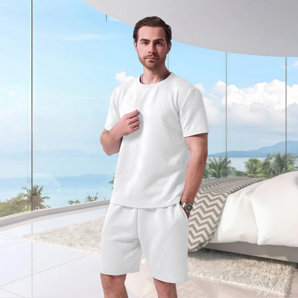 

Summer men's new style knitted jacquard solid color round-neck short-sleeved casual T-shirt and shorts set for casual sportswear