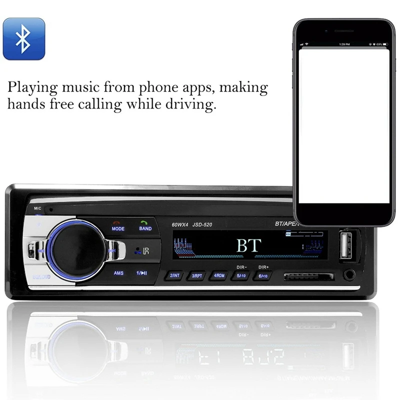 1 DIN Bluetooth Car Stereo Audio In-Dash Handsfree FM Aux Input Receiver SD USB MP3 Radio Player W/ Remote Control 12V