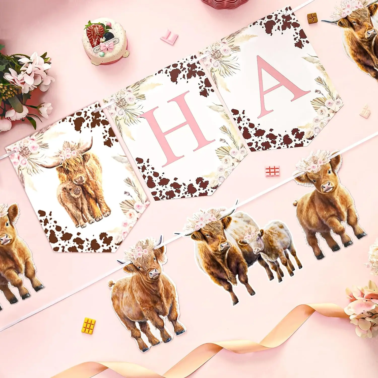 Bannière de Joyeux Anniversaire de Vache Highland, Décor Floral Rétro Boho, Bétail Holy Cow, Animaux de Ferme, ixd'Anniversaire