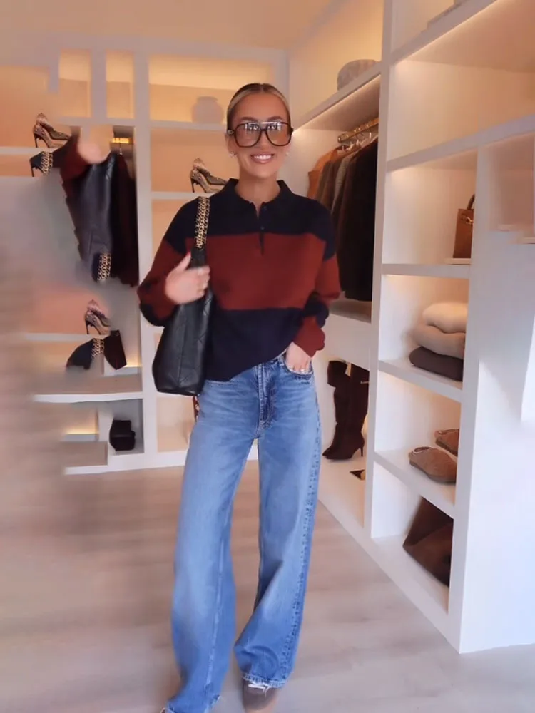 

HH New Woman Autumn And Winter Fashion Polo-Collar Striped Knitted Pullover Female Versatile Casual Commuting Sweater Pullover