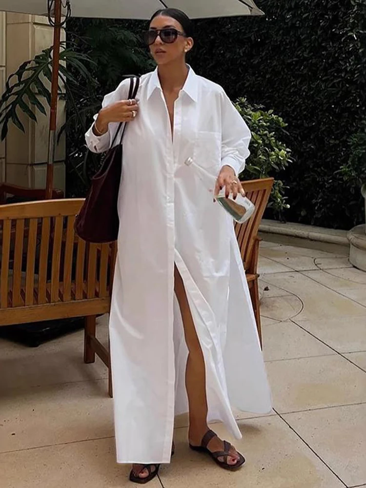 Elegantes Langarm-Hemdkleid für Damen, einreihiges Revers, lockere Passform, Sommer, lässiges Schlitz-Maxikleid, französischer Stil, Boho-Chic