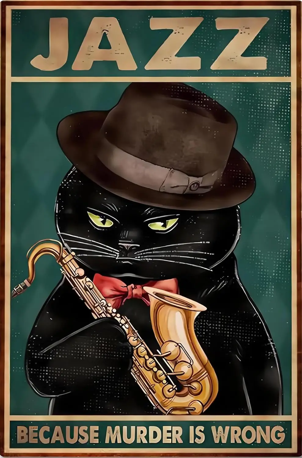 Kanni Cat Music Retro Poster,Metal Tin Sign Of Cat Playing The Clarinet Style,Vintage Coffee and Bar Wall Art Decor Aluminum Pai