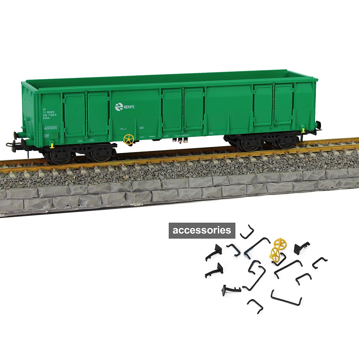 Evemodel 1pc/2pcs HO Scale 1:87 Green RENFE Printed High-side Gondola Car Railway Wagons C8742PLv