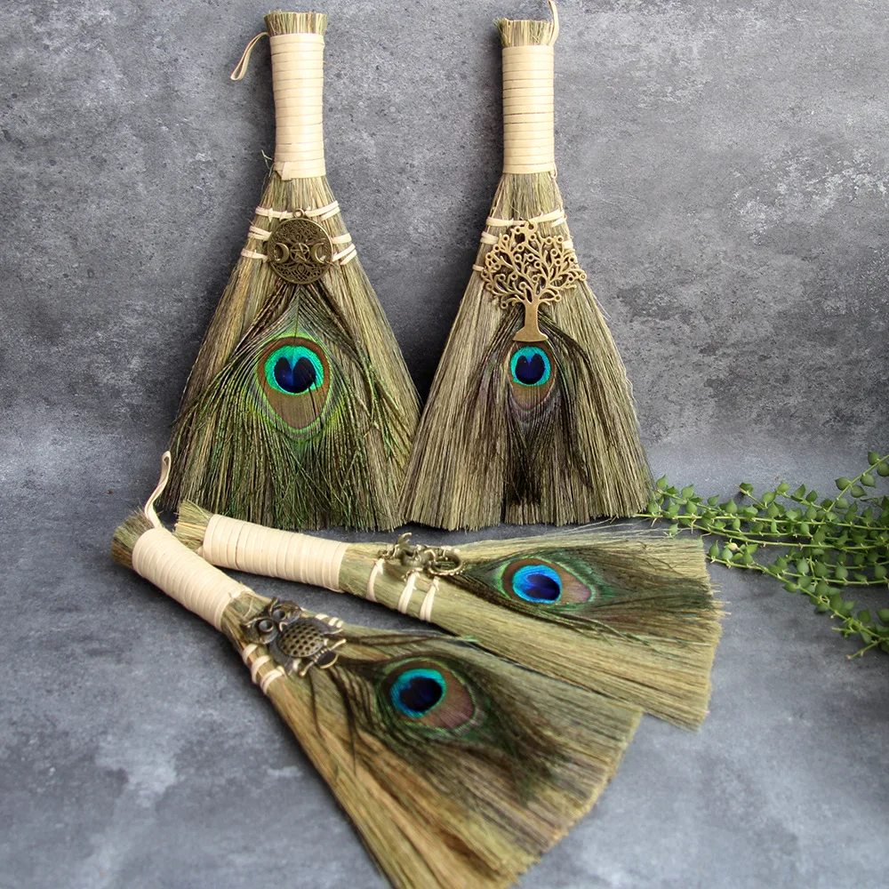 

New popular handmade broomstick Wiccan feather altar ornaments wicker crafts indoor witch feather pendant