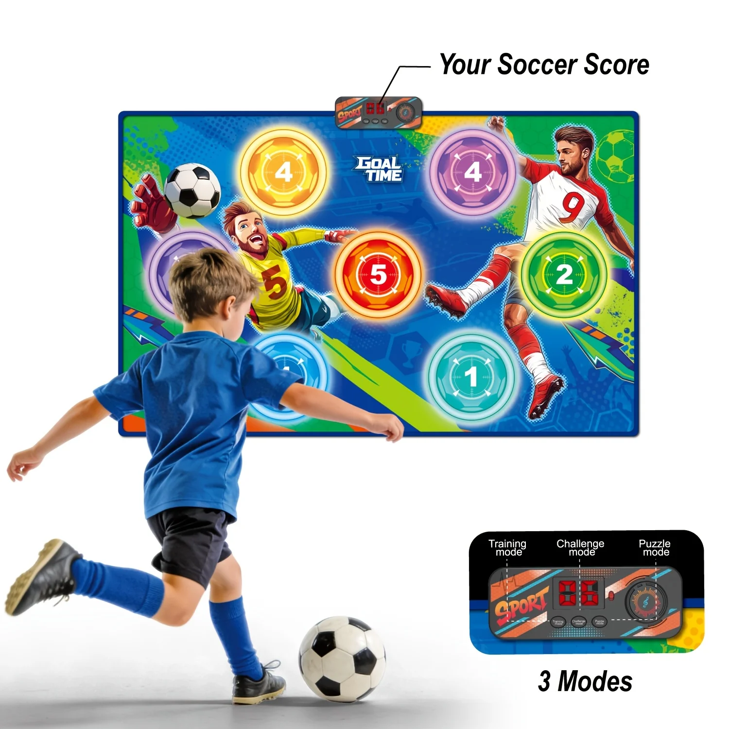 電子スコアリングサッカートイゲームマットセット（子供用）、屋内外兼用トスサッカーターゲットゲーム（リアルタイムスコア付き）
