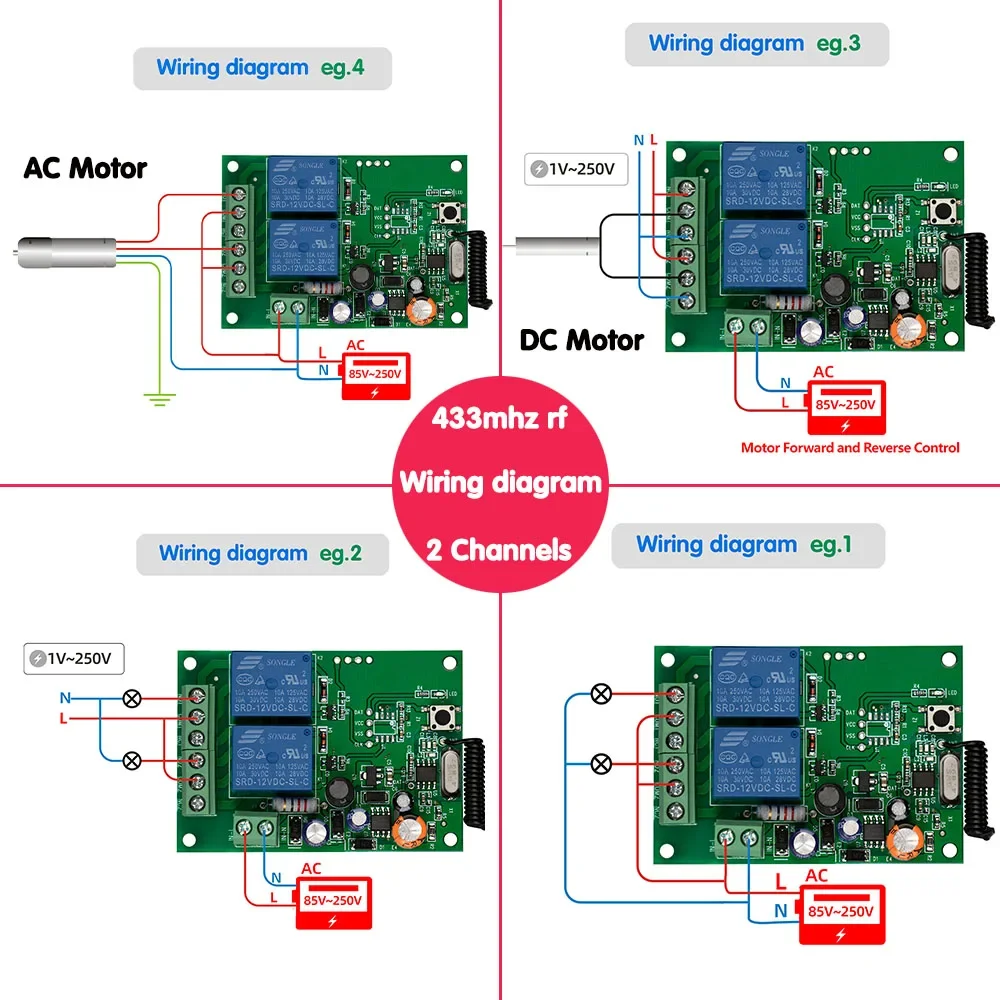 433MHz Rf Wireless Switch AC 220V 2CH Relay Receiver and 2 Button Transmitter Remote Control for Garage LED Home Appliance