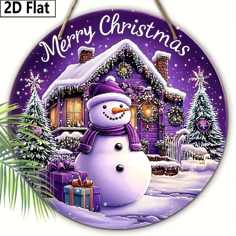 2D Flat, 2D Flat Christmas Purple Farmhouse Snowman Wooden Sign, Effect Wooden Wreath Sign for Yard Balcony Door Hanging Decor I