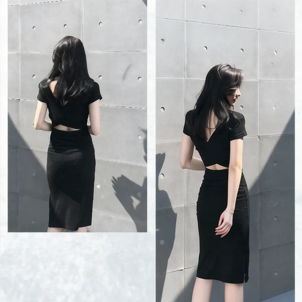 Sexy Korean Style Bodycon Dress Women Summer Backless Slit Midi Dresses Elegant Slim Fit Short Sleeve Casual Apparel