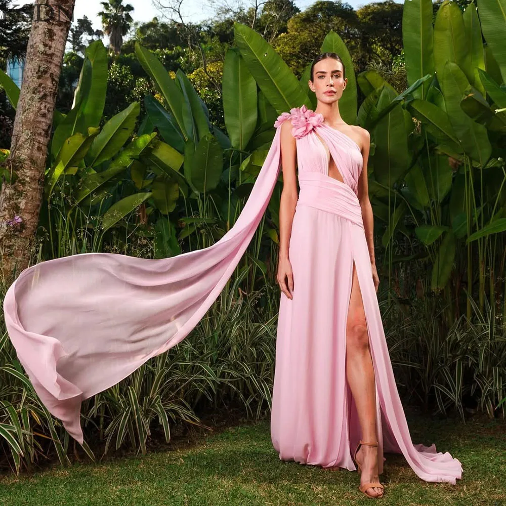 

KSDN Elegant Pink Evening Dresses Formal One-Shoulder Chapel Train Sleeveless Appliques Gowns Special Occasion Princess Dress