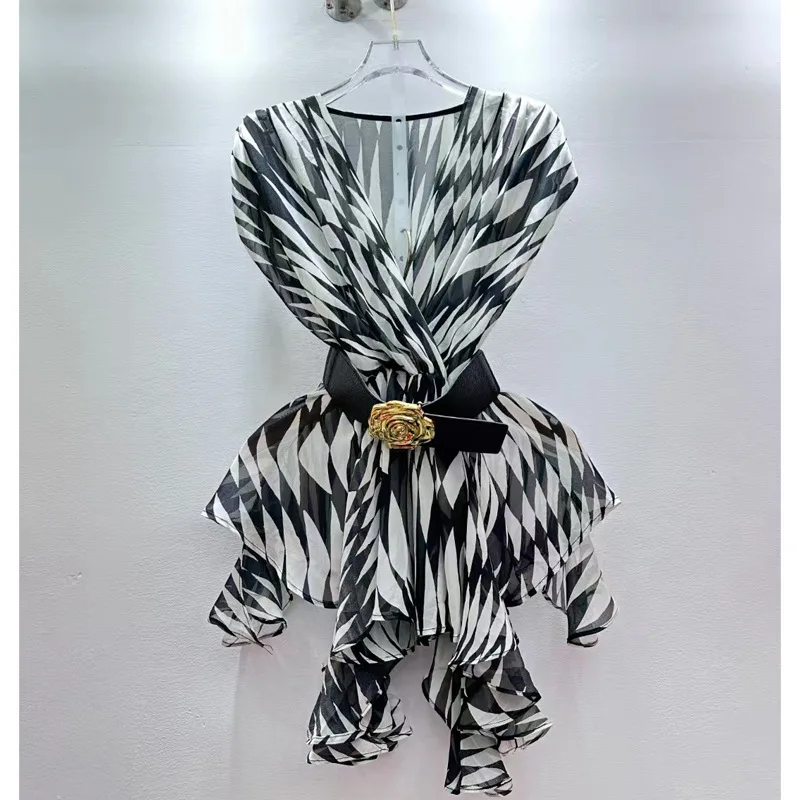 

Fashion Shirt For Women 2025 Summer Design Sense Pleated Waist Slimming Irregular Hem Elegant V-Neck Blouse