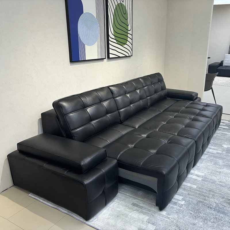 

Modern Smart Home Electric Black Extendable Sofa Bed Leather Sofa Set High Back Large Sitting Deep Function Retractable Sofa