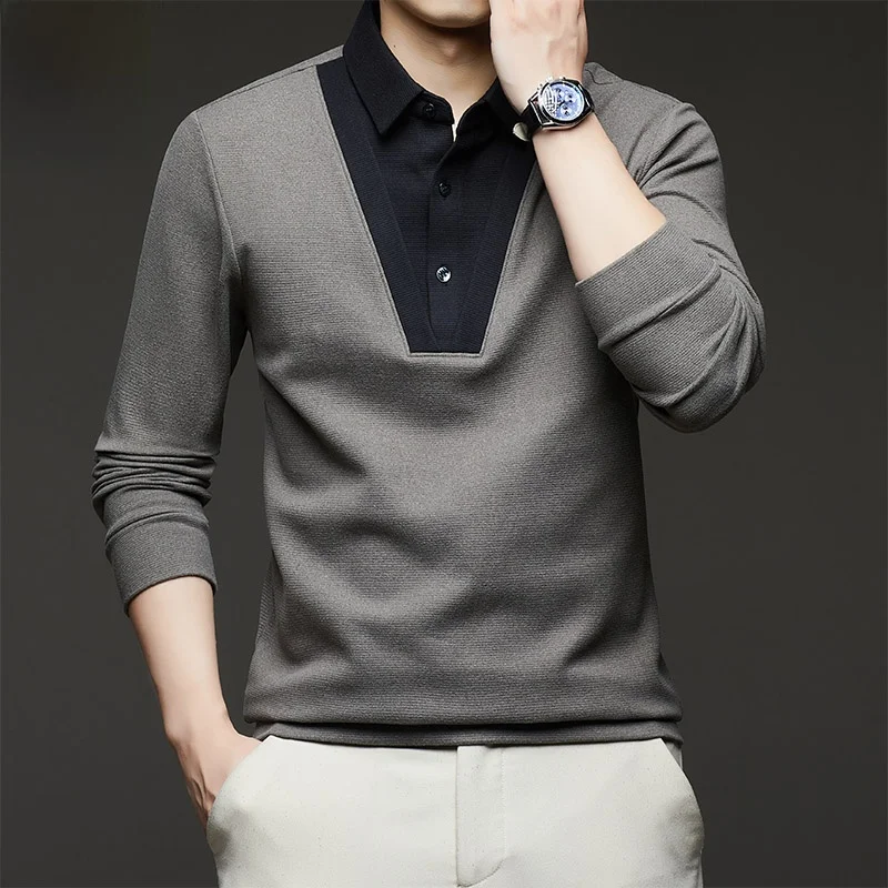 

Casual Woolen Long Sve irt Men's Autumn New Sle Patchwork Collar T-irt Fake Two-Piece Design Comfortable Breath...