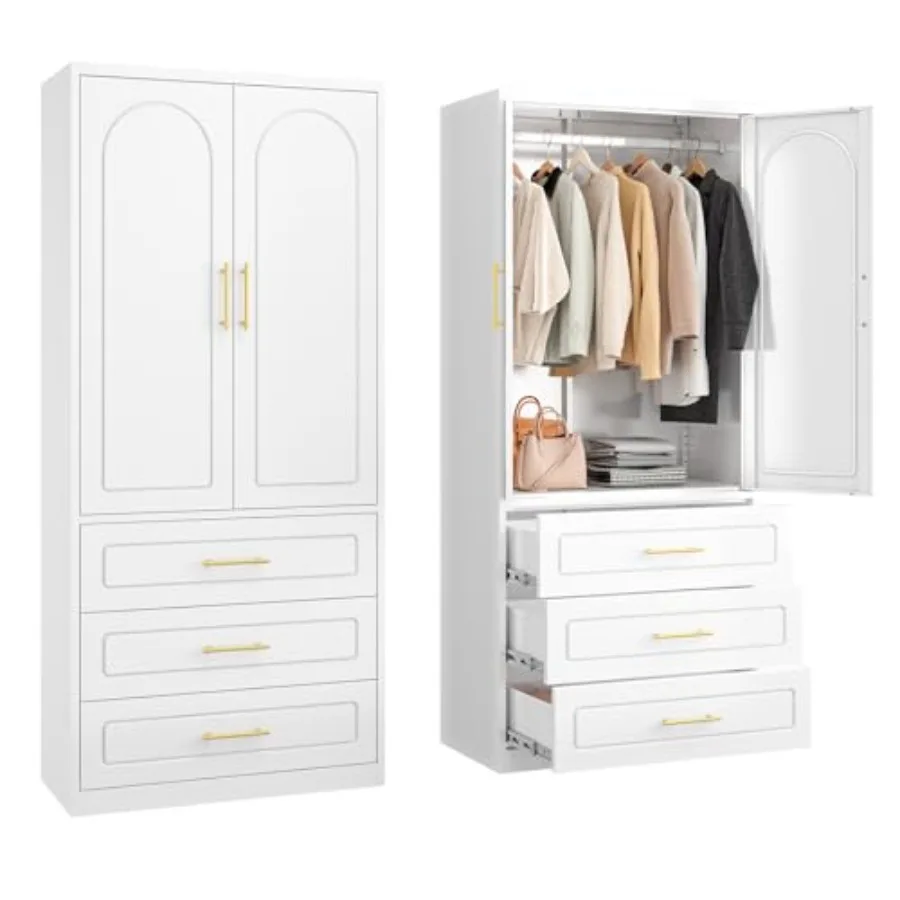 

71-Inch White Metal Armoire Wardrobe Closet with 3 Drawers and Hanging Rod for Bedroom or Home Office Ideal Clothing Storage So