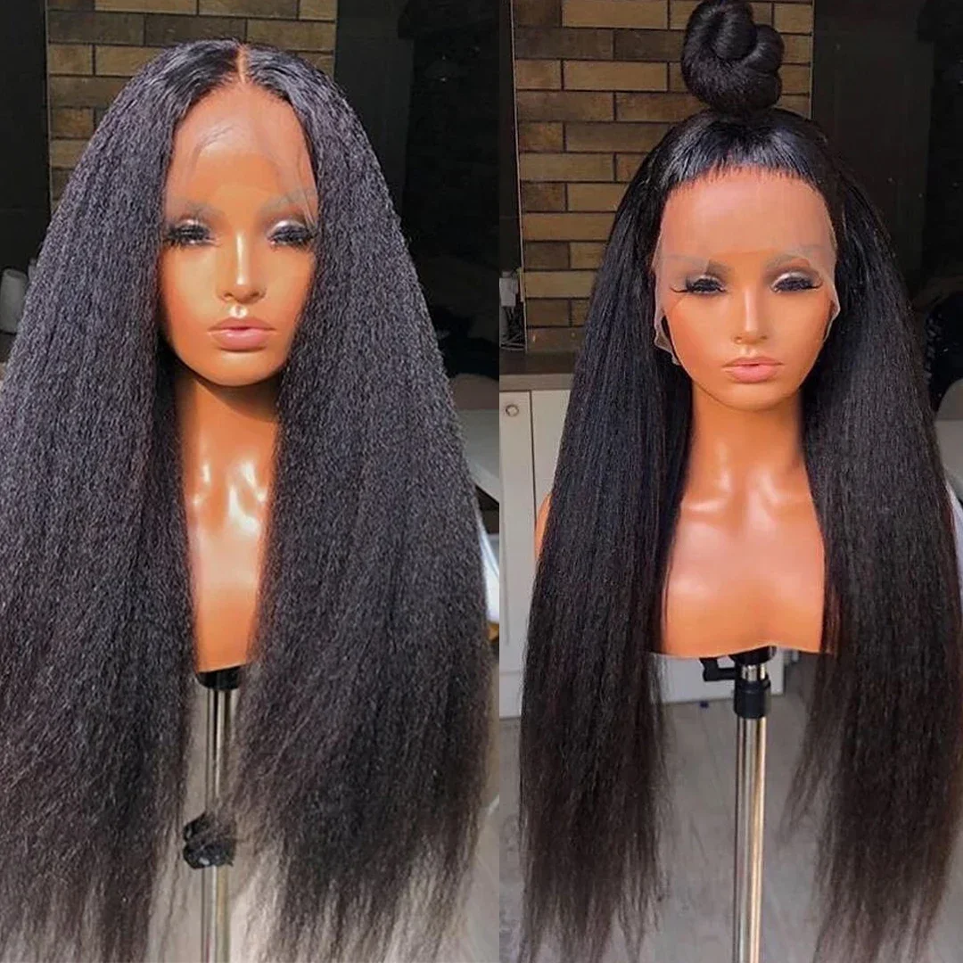 

Glueless Black Kinky Straight Yaki Soft 26Inch 180%Density 13*4 Lace Front Wigs For Women Baby Hair Synthetic Daily Preplucked