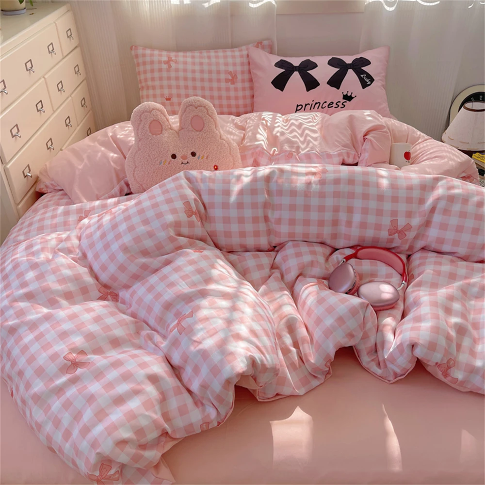 INS Korean Series Bedding Sets Girly Pink Cartoon Heart Bow Series Bed Sheet Four-Piece Sets Student Dormitory Three-Piece Set