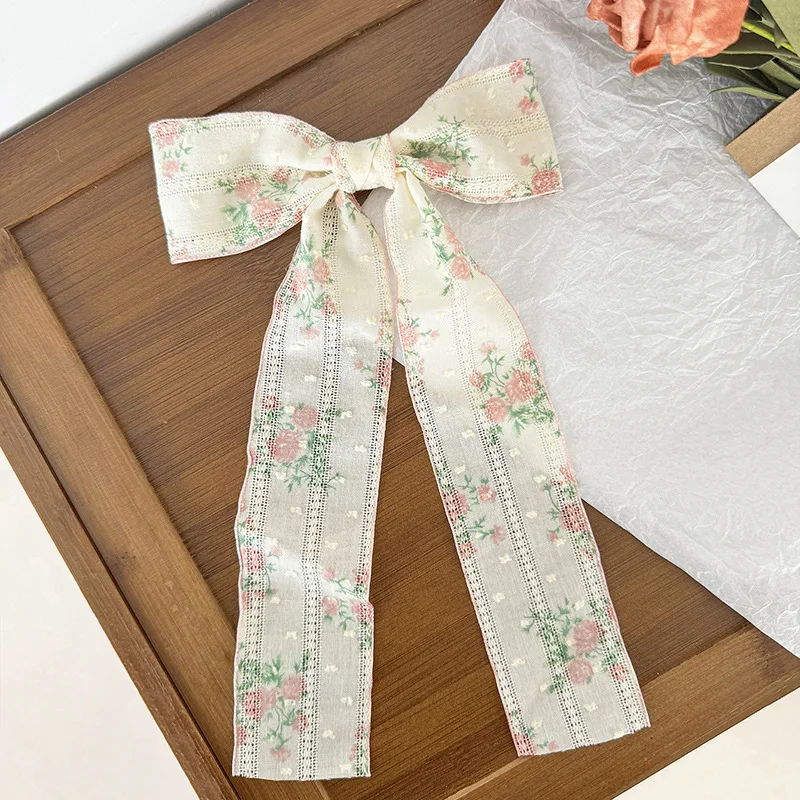 24pc/lot Floral Prints Long Tassel Bow Hair Clips Cotton Hairpins Women Girls Lace Embroidered Bow Hair Clips Kids Headwear Bulk