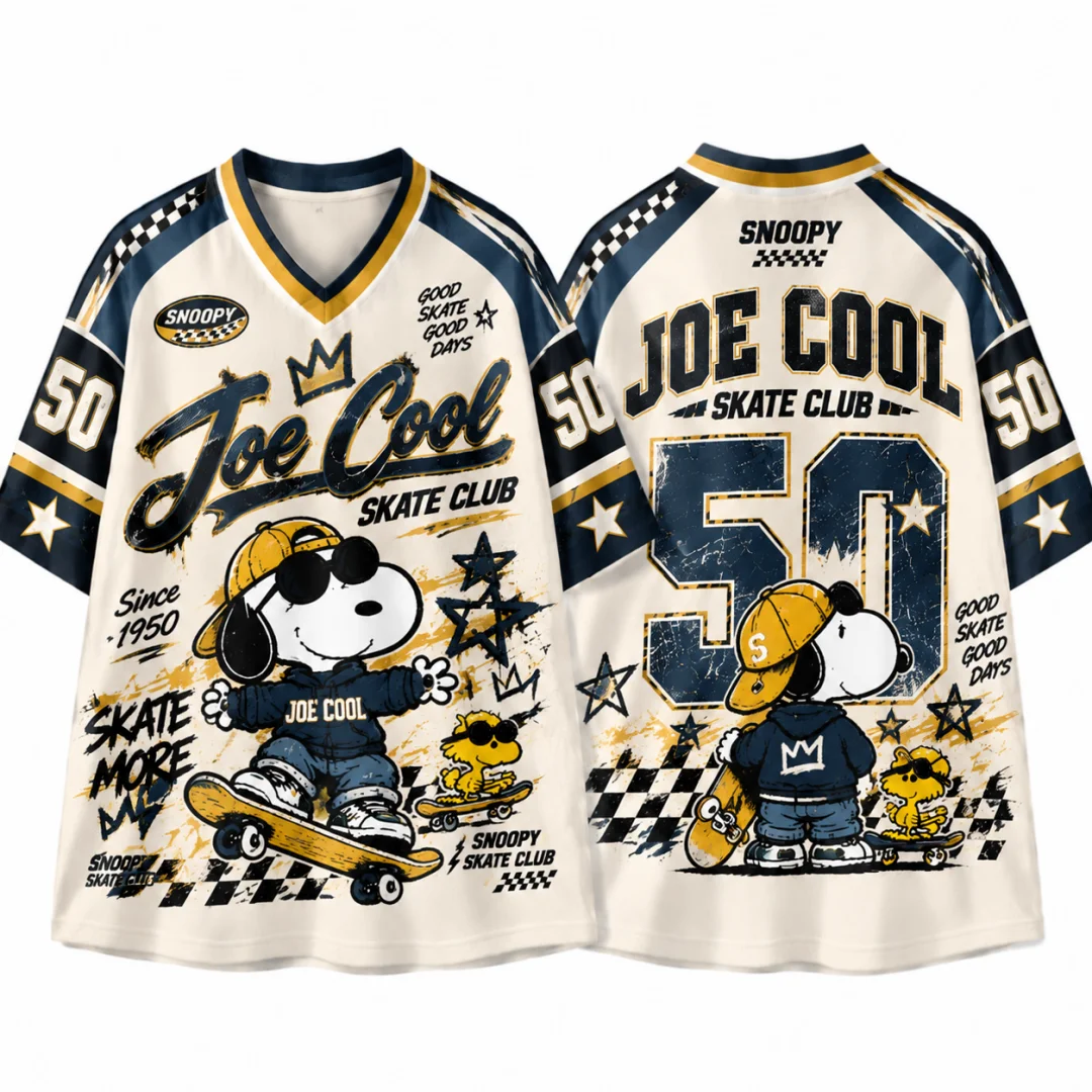 Snoopy Skate Club #50 Vintage Jersey T-shirt Kids & Adults Retro V-neck Short Sleeve Y2K Streetwear Cartoon Oversized Top