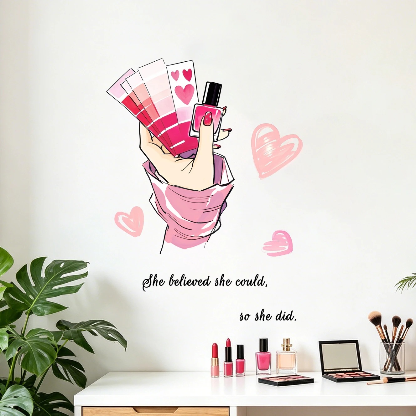 Pink nail polish heart-shaped beauty manicure hand, bedroom, dormitory, home decor, wall sticker, self-adhesive painting.