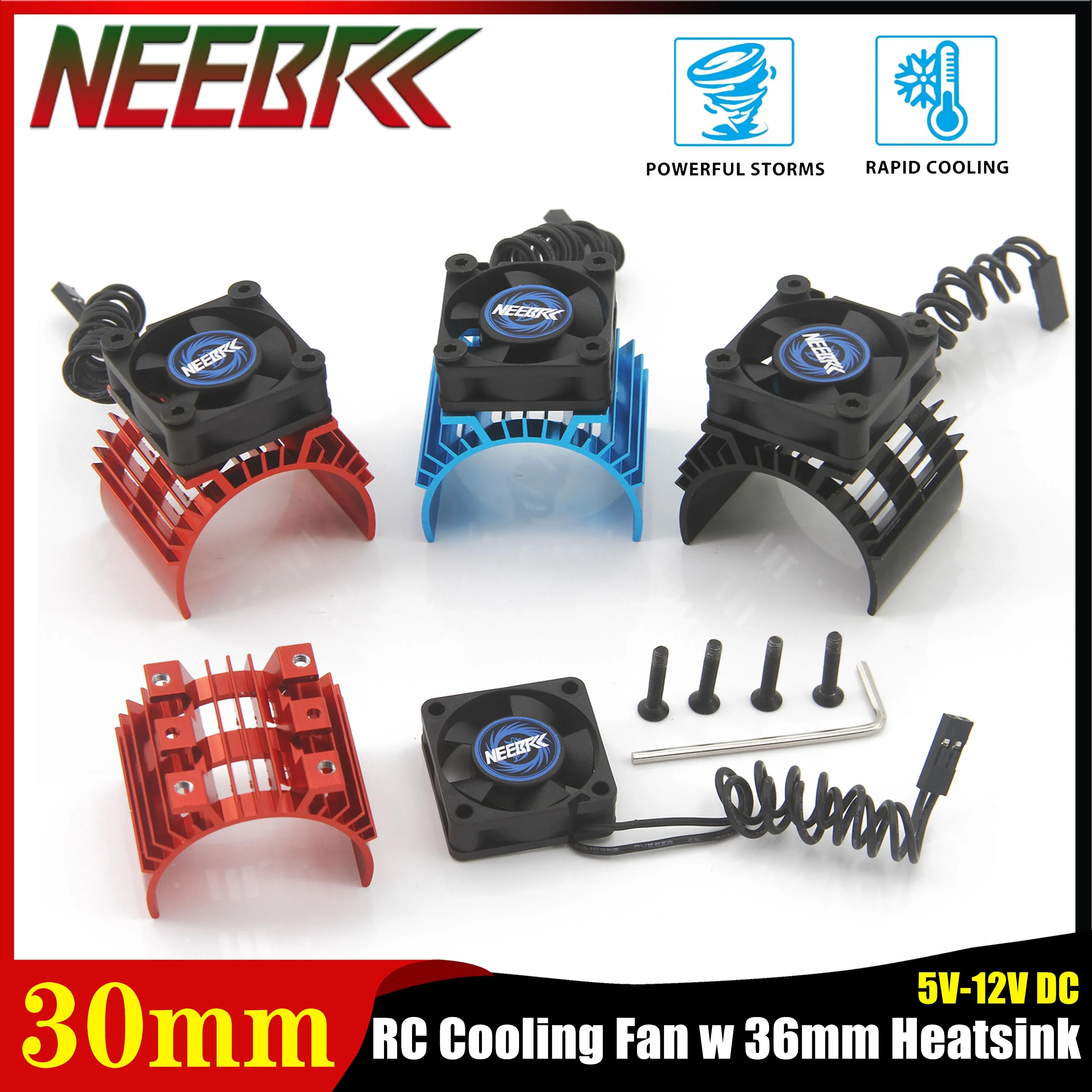 

NEEBRC 30mm Cooling Fan 5V-12V DC with Metal 36mm Heatsink High Wind 25000 RPM JST Plug for 540 550 Brushless Motor ESC RC Car