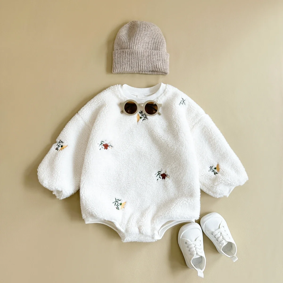 New Born Baby Items Baby Girl Clothes Romper Berber Fleece Flowers Embroidered Bodysuit Infant Thick Baby Boy Clothes Winter