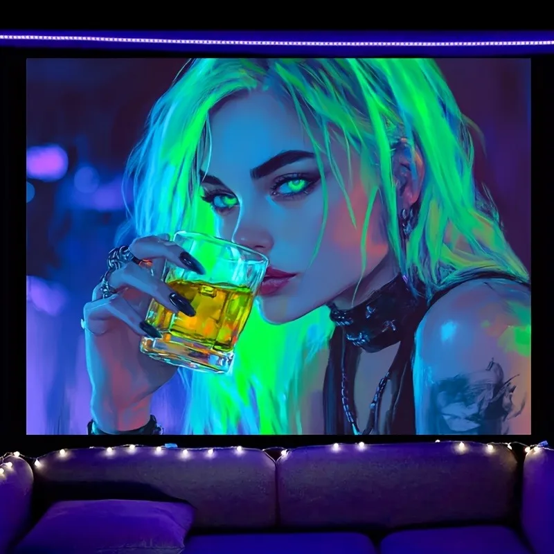 

Glittering Green Haired Goddess Fluorescent Tapestry Shine BrightUV tapestry wall hanging bedroom home party decoration