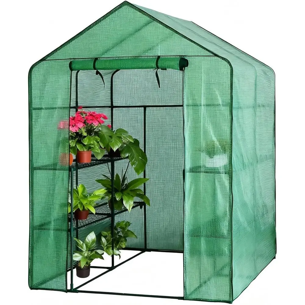 

3-Tier 8-Shelf Walk-In Greenhouse, Heavy-Duty Steel Frame with Clear PE Cover, Zippered Door and Side Windows, All-Season Plant