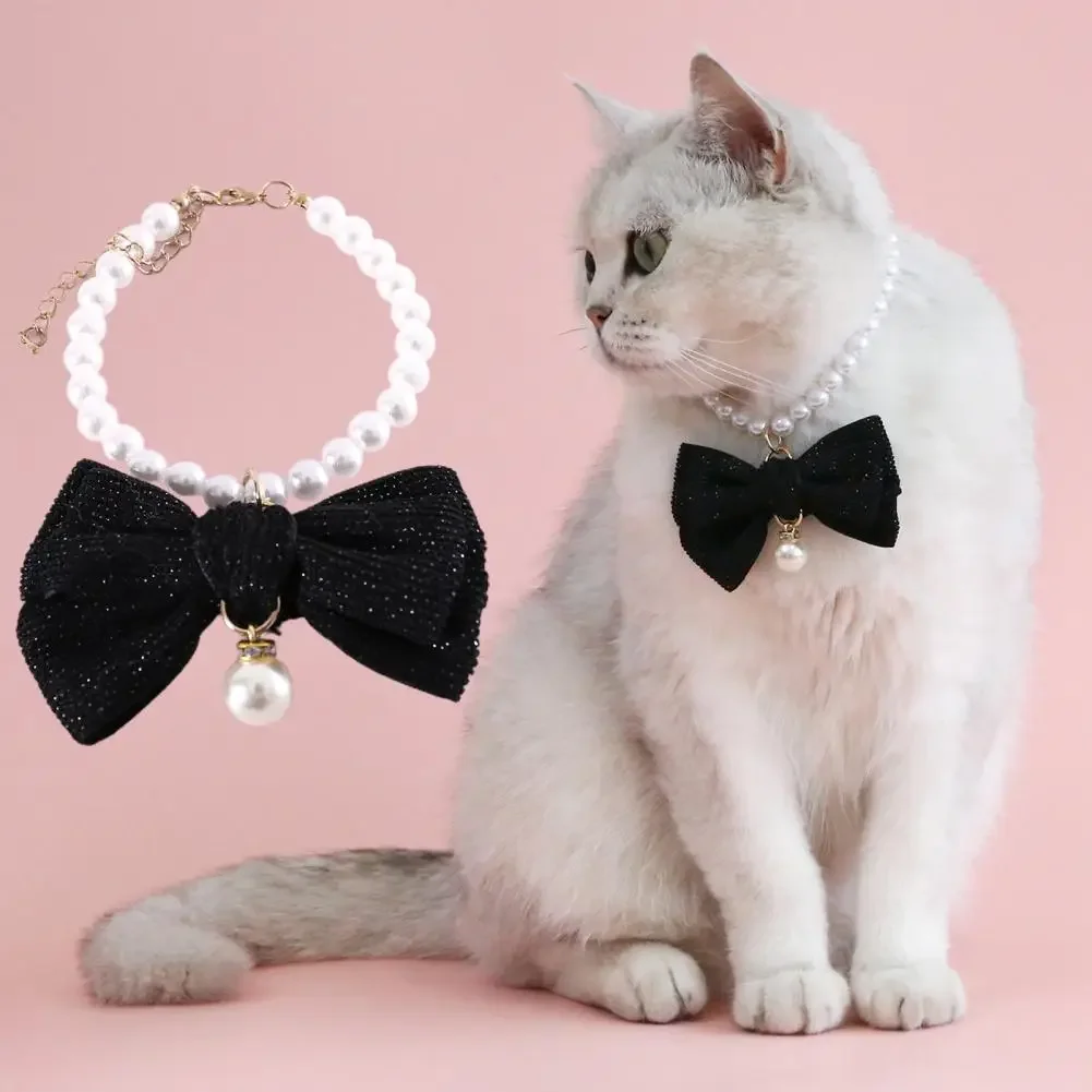 Faux Pearl Bow Pet Necklace Elegant Adjustable Cat Dog Collar Chain Solid Color Cute Pet Neck Circle Pet Accessories Chihuahua