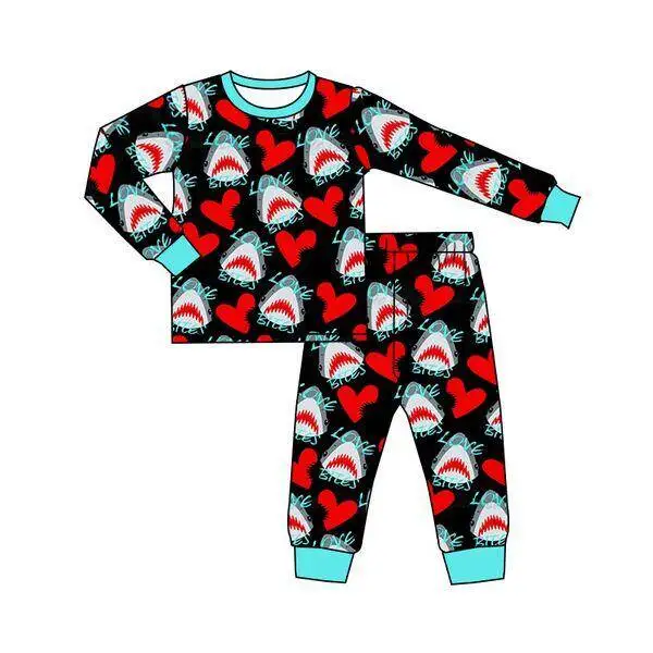 Valentine's Day boutique children's set long-sleeved heart shark print trousers girls and boys pajamas set baby zipper romper