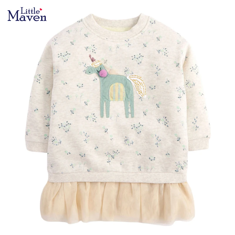 Little maven 2024 Spring and Autumn Clothes Baby Girls Cotton Casual Unicorn Dress Lovely and Sweet for Kids 2-7 year