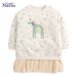 Little maven 2024 Spring and Autumn Clothes Baby Girls Cotton Casual Unicorn Dress Lovely and Sweet for Kids 2-7 year