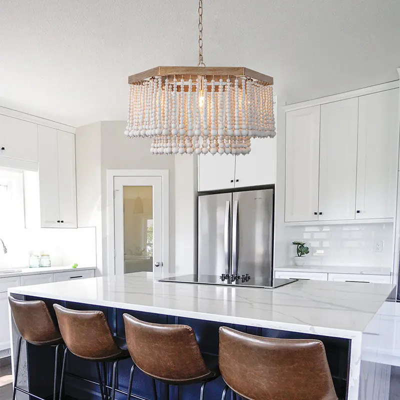 Beaded Wooden Fringe Antique Chandelier Wood Pendent Lamps Creative Villa Living Room Dining Room Rural French Chandelier