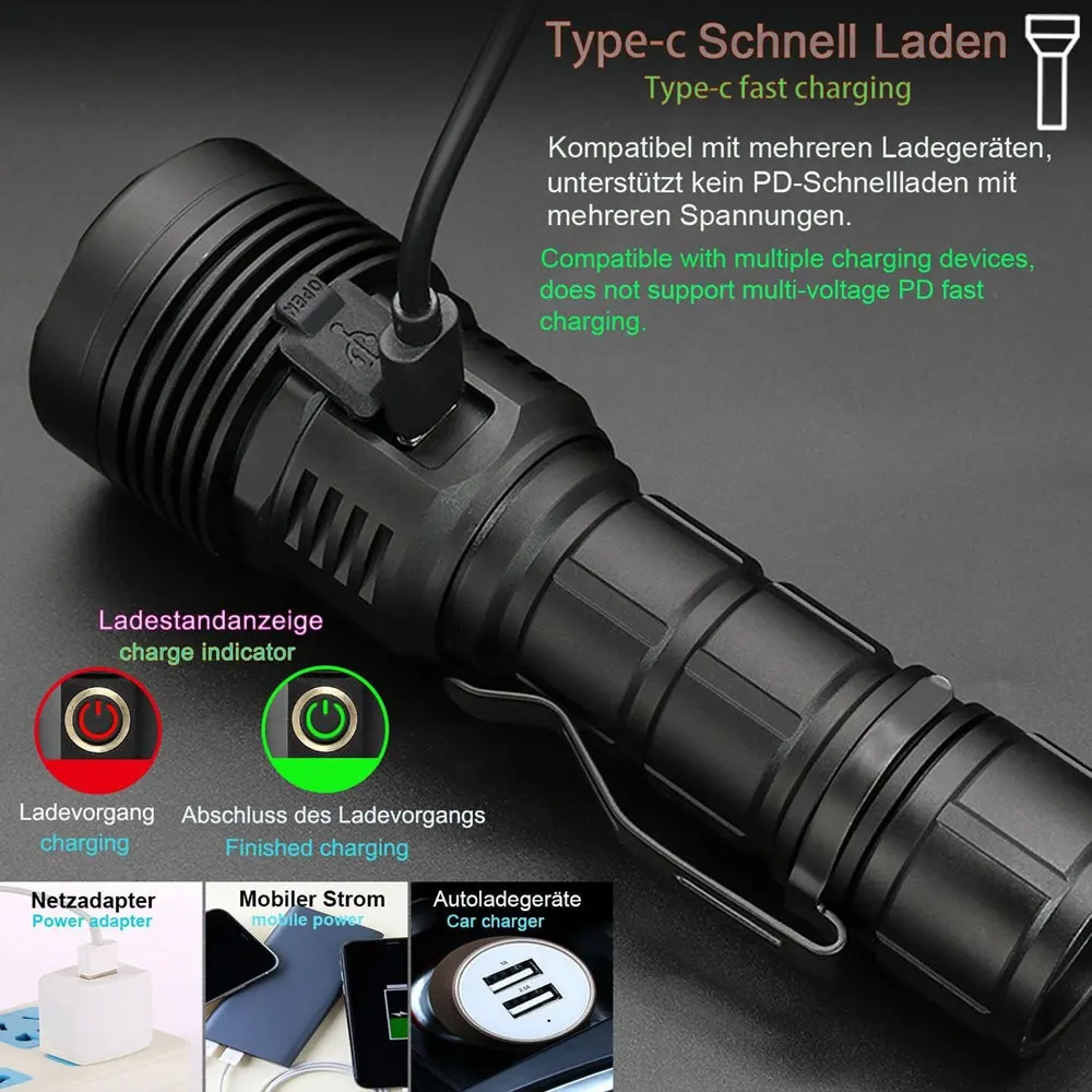 High Power ST40 LED Light Cup Flashlights Fixed Focus Long Range Waterproof Tactical Flash Light USB Rechargeable Camping Torch