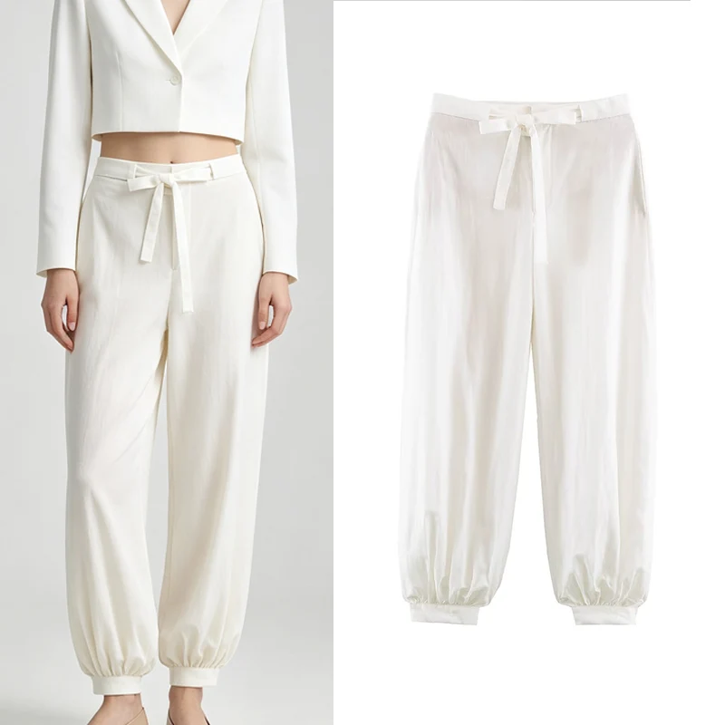 Women's White Lantern Pants Summer 2026 Mid Waist Lyocell Blend Loose Fit Drawstring Cuffed Trousers for Vacation