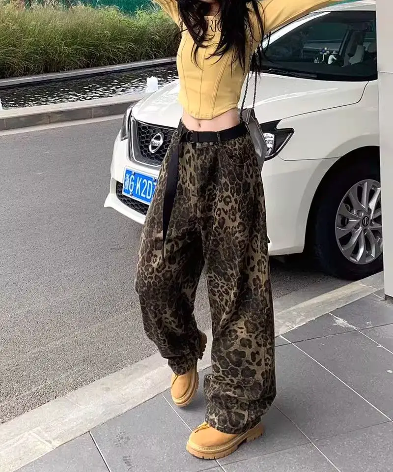 

High Waist Womens Jeans Vintage Straight Baggy Leopard Print Pants Streetwear American Fashion Casual Wide Leg Denim Trouser