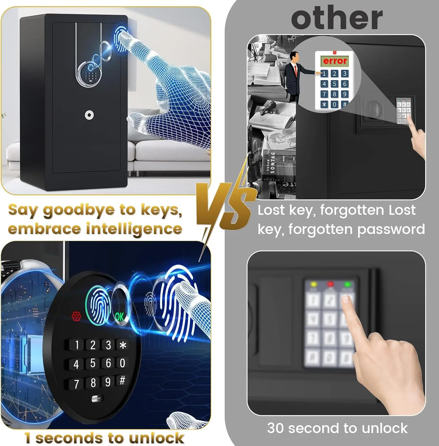 حقيبة مقاومة للماء، مقاومة للحريق، تخزين مستندات كبيرة آمنة للحريق، تنبيهات مزدوجة مضادة للسرقة، وضع كتم الصوت، أمان رقمي للأعمال