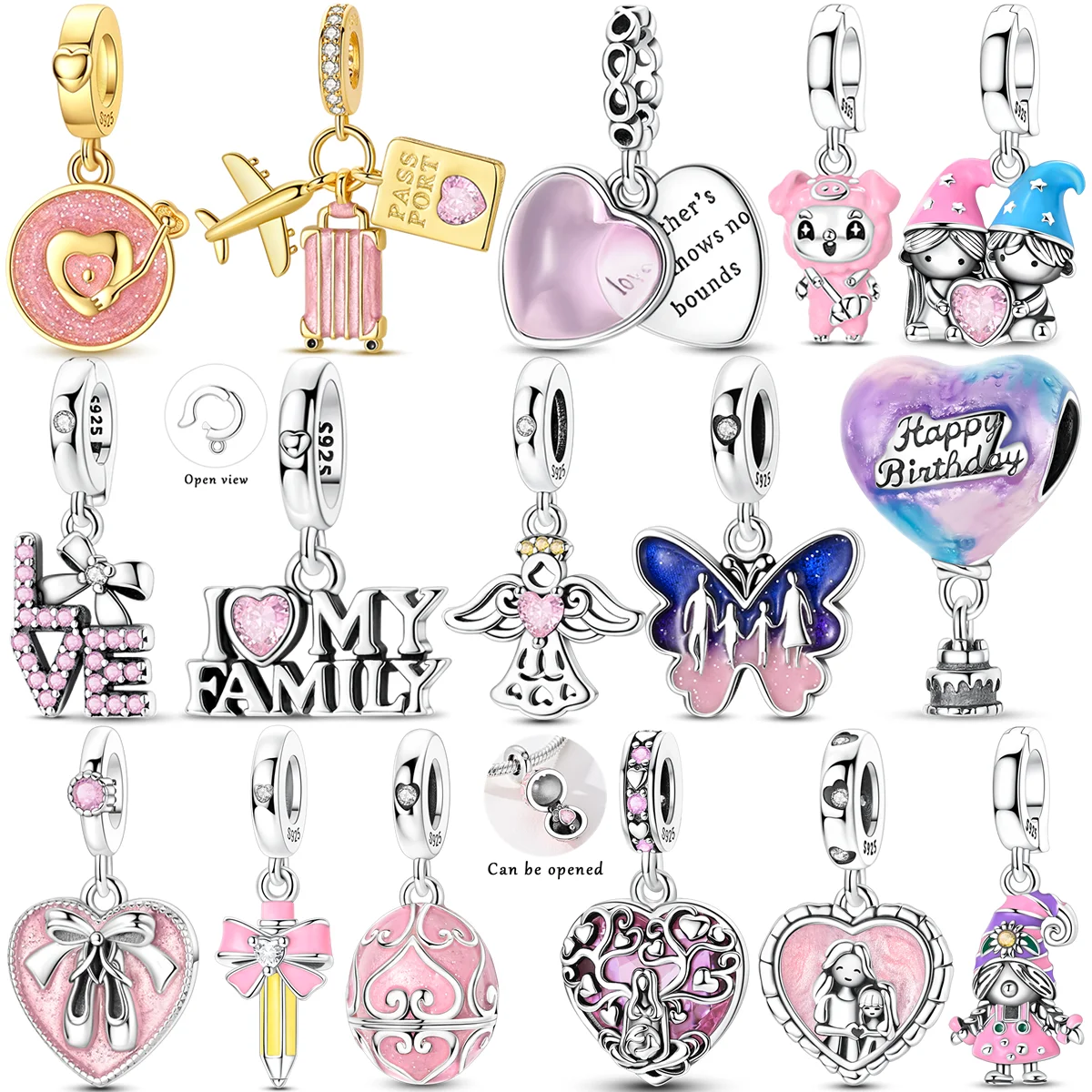 Pink Color Charms Bead 925 Sterling Silver CZ Zircon Love Happy Family Mom Gift Pendants Fit Original Bracelet DIY Jewelry
