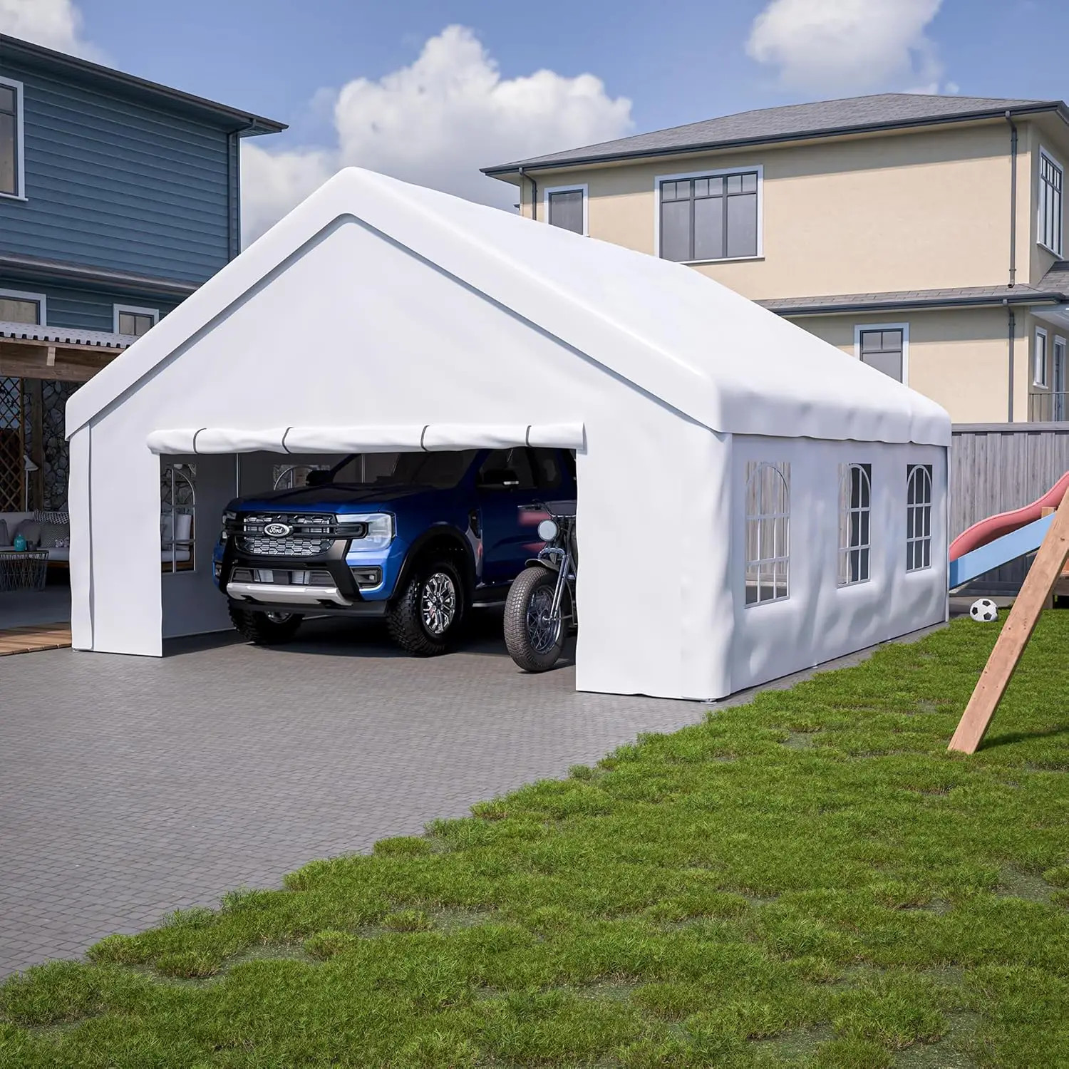 

20'x 20' Heavy Duty Car Port with Roll-up Sidewall and Ventilated Windows with Removable Sidewalls,Gray Carports