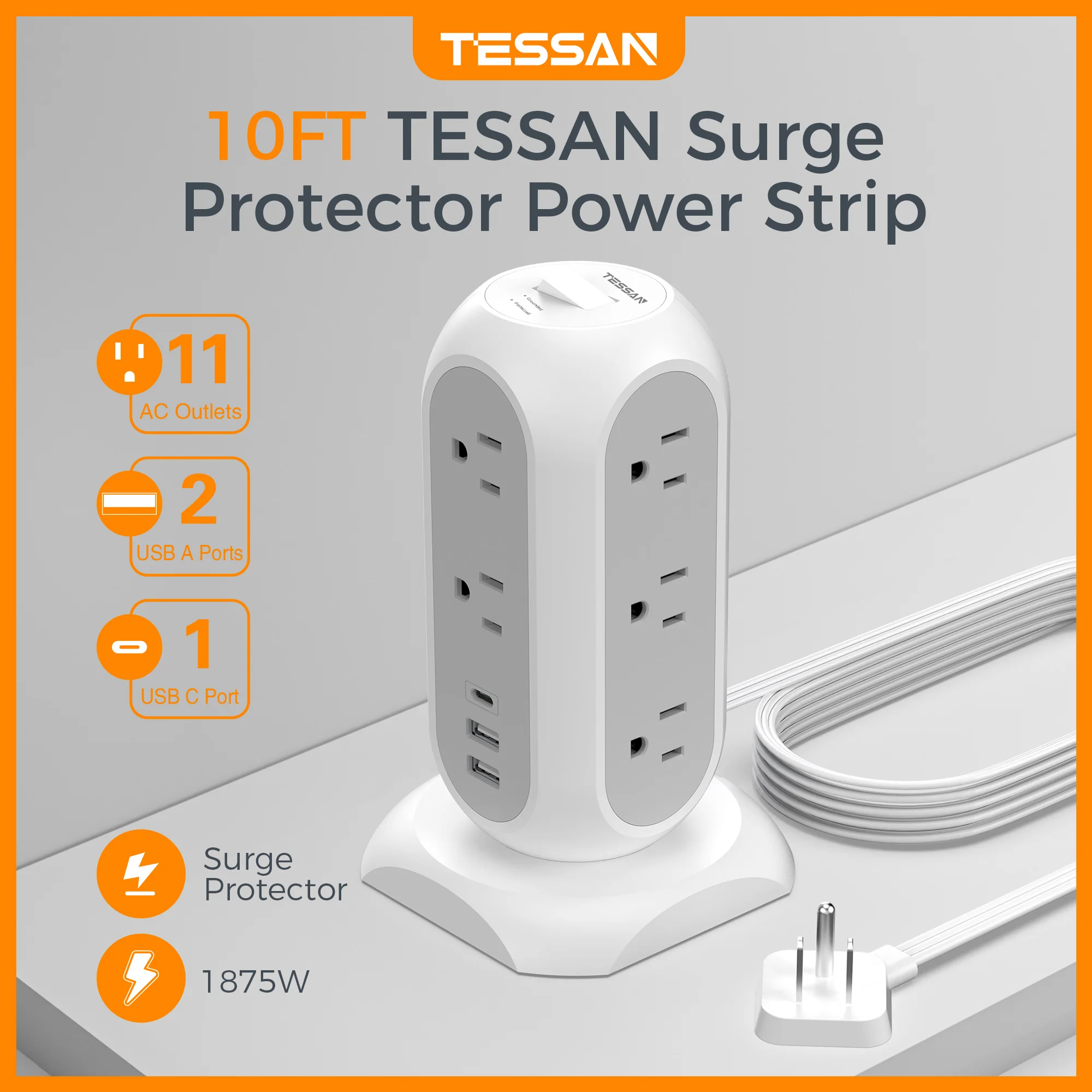 TESSAN Surge Protector Power Strip Tower Flat Plug Extension Cord with 11 AC Outlet 3 USB Port 1050J Protection Charging Station