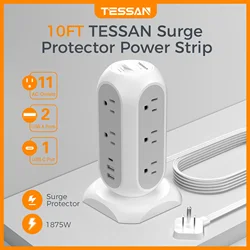 TESSAN Surge Protector Power Strip Tower Flat Plug Extension Cord with 11 AC Outlet 3 USB Port 1050J Protection Charging Station