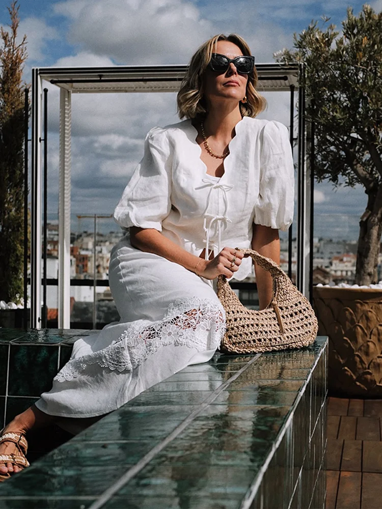 

Elegant Puff Sleeve Women 's Suit V-neck Lace Up Short Shirts Loose A-line Long Skirt Sets 2025 Summer Lady Office Matching Sets