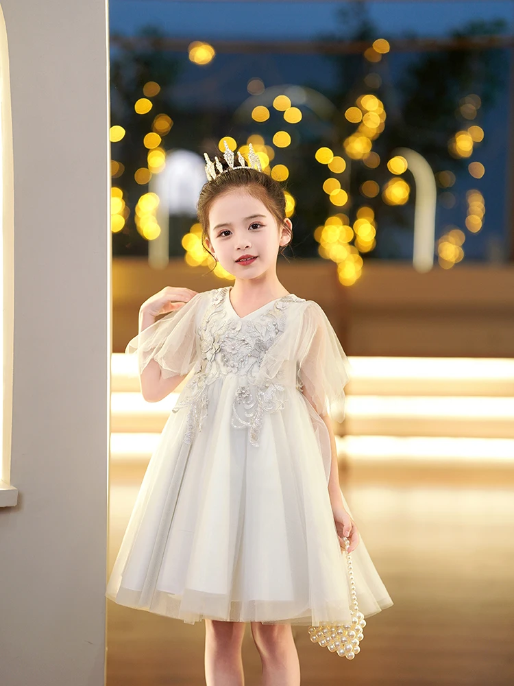 

Girls Formal Dress Solid Color Short Vest with Small Fly Sleeves New Childrens Princess Skirt Fluffy Gauze Skirt Childrens 4-14T