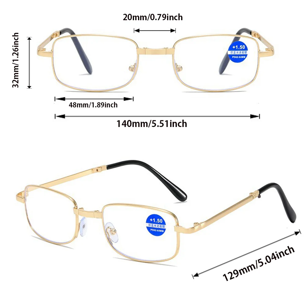نظارات قراءة كلاسيكية عالية الجودة لون ذهبي وفضي قابلة للطي ومحمولة لقصر النظر الشيخوخي نظارات مريحة مضادة للضوء الأزرق