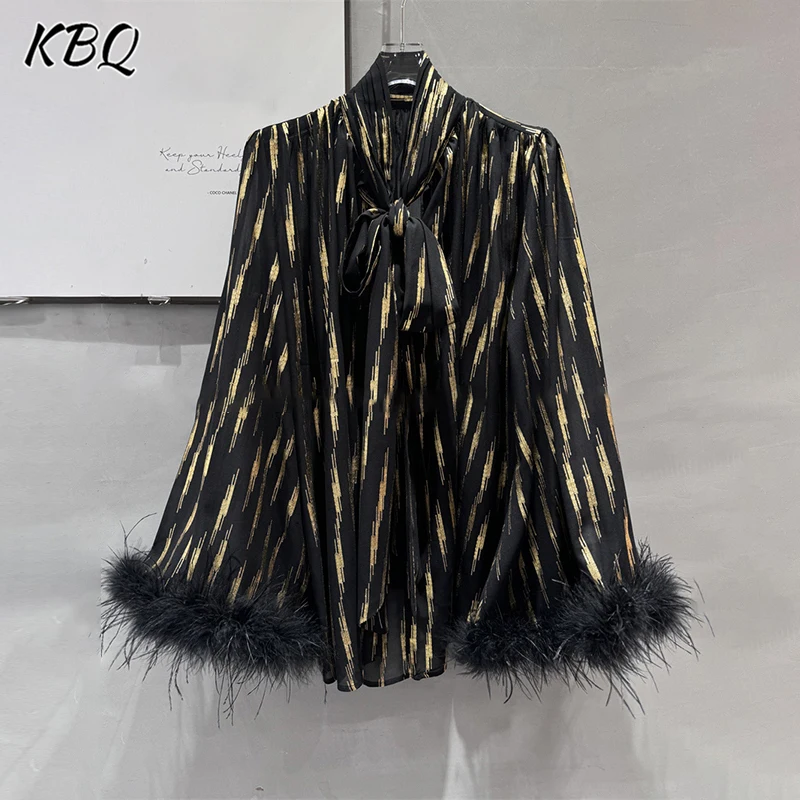 KBQ Hit Color Printting Spliced  Feathers High Street Shirts For Women Stand Collar Long Sleeve Patchwork Lace Up Blouse Female