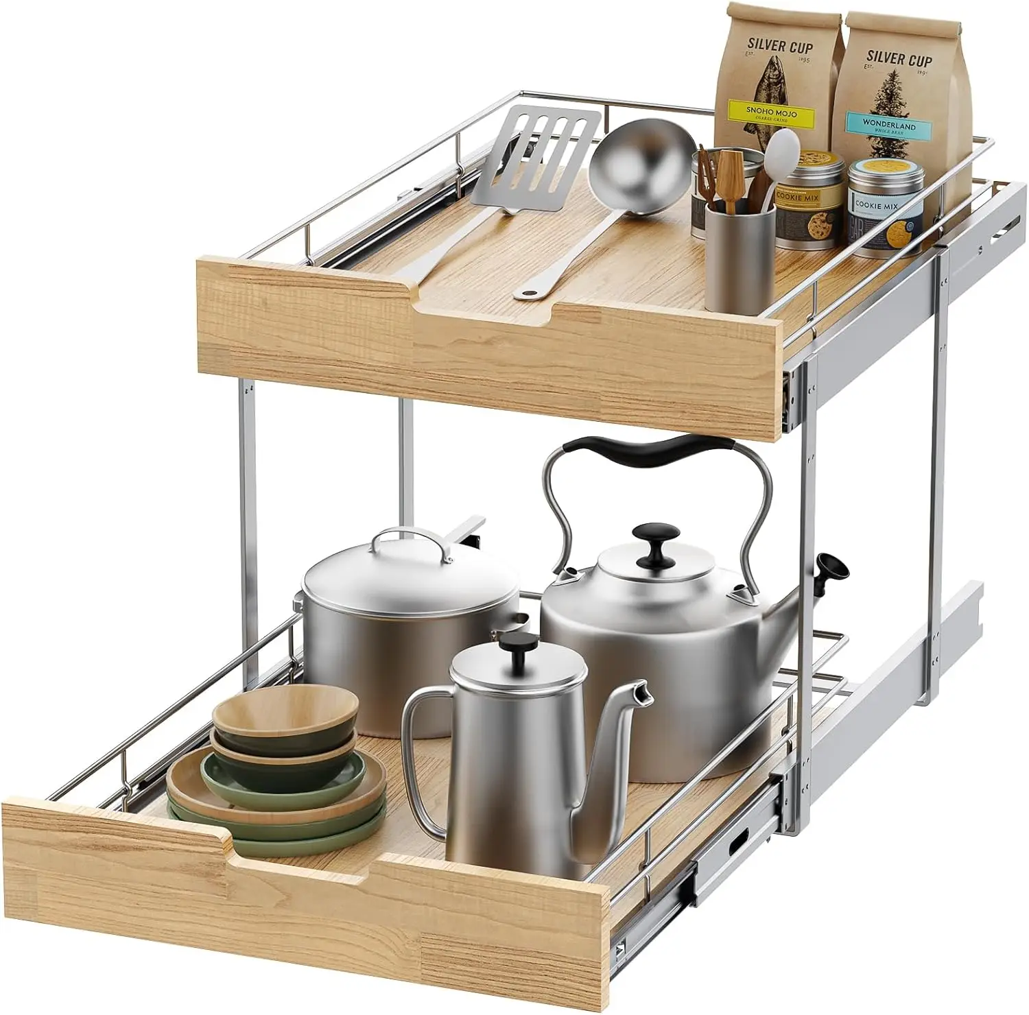 

Pull Out Cabinet Organizer,Heavy-Duty Slide Out Shelf, Wood and Wire Basket, Pull Out Drawer for for Kitchen Under Sink Space
