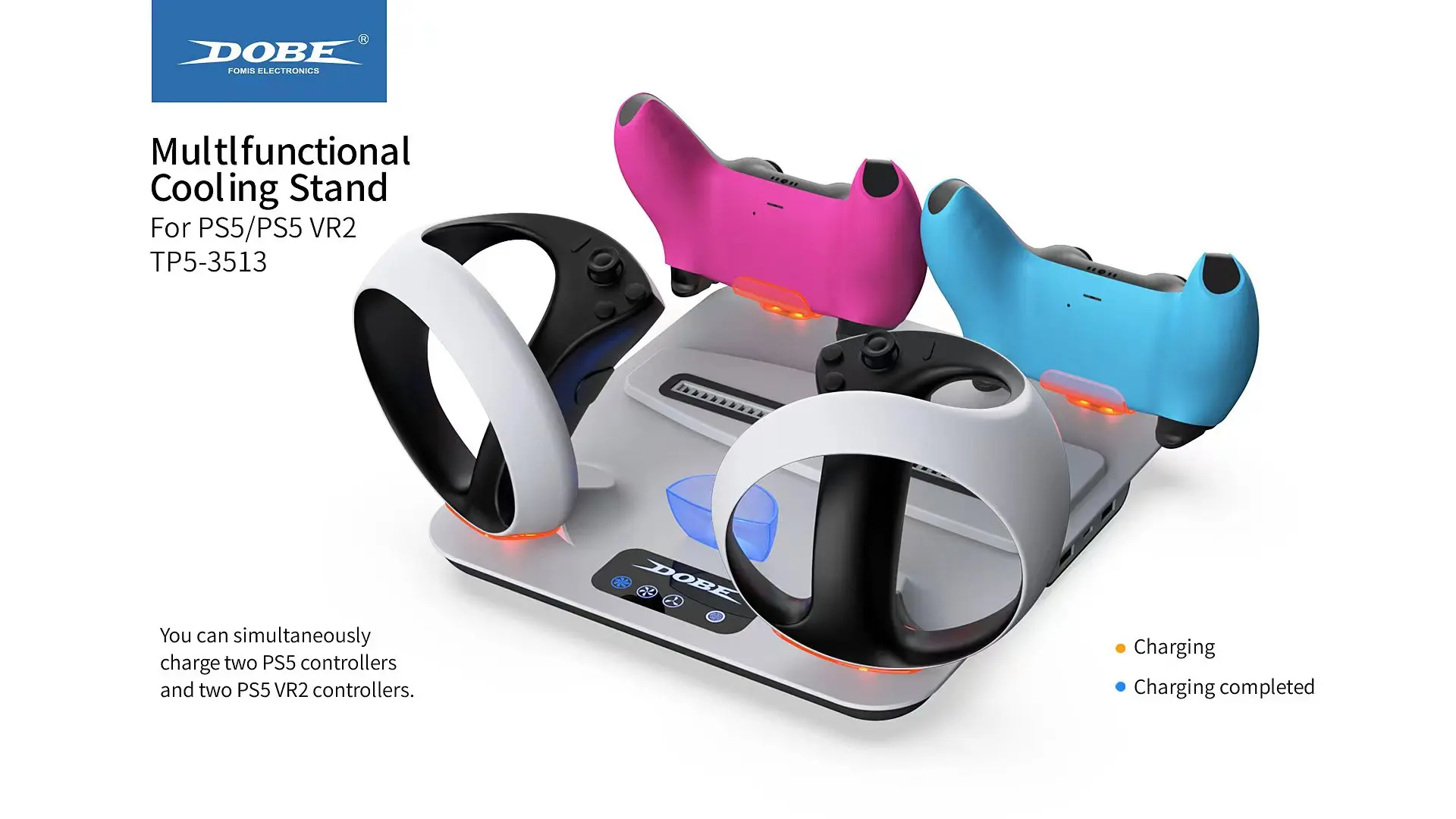 

For PS5 Accessories Vertical Stand Multifunctional Cooling Stand for PS5/PS5 VR2 Controllers PS5 Cooling Stand With Blue Light